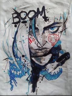 a t - shirt with the word boom painted on it's chest and face