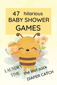 47 hilarious baby shower games: laundry time, the lost sock, diaper catch. A happy bee holding a flower bouquet and a jar filled with hearts. Group Baby Shower Game, Fun Baby Shower Games For Large Groups, Office Baby Shower Games, Creative Baby Shower Games, Bee Baby Shower Games, Interactive Baby Shower Games, Fun Baby Shower Games Hilarious, Co Ed Baby Shower Games, Baby Shower Activities Not Games