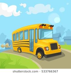 a yellow school bus parked on the side of a road near a grassy field and blue sky