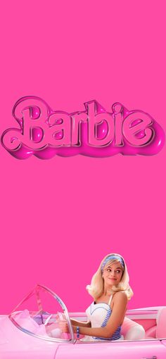 a woman sitting in a pink car with the word barbie above her head