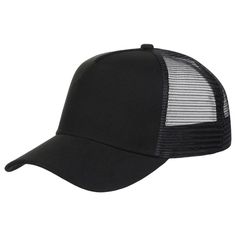 the black trucker hat is shown with mesh on the front and side panels, which are