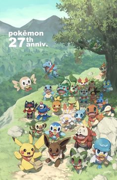 pokemon 20th anniversary poster with many pikachu characters