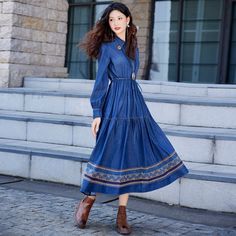 Tavimart Free Shipping Women Long Mid-Calf Full Sleeve Denim Autumn Dresses M-2XL Chinese Style Embroidery Turn Down Collar Bohemian Blue Denim Dress For Fall, Blue Bohemian Denim Dress For Fall, Bohemian Long Sleeve Cotton Denim Dress, Bohemian Long Sleeve Denim Blue Dress, Bohemian Long Sleeve Denim Dress, Long Sleeve Bohemian Denim Dress, Denim Blue Bohemian Long Sleeve Dress, Blue Embroidered Bohemian Denim Dress, Blue Bohemian Embroidered Denim Dress