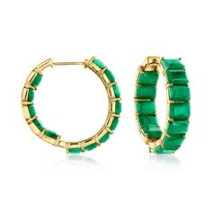 Ross-Simons - 20.00ct t. w. Emerald Inside-Outside Hoop Earrings Over Sterling. 1 1/8". An RS exclusive. Flaunting a lush and lovely hue, these 20.00 ct. t. w. emerald inside-outside hoop earrings are a favorite for fans of May's classic birthstone. Finely crafted in polished 18kt yellow gold over sterling silver. Hanging length is 1 1/8". Hinged post, emerald inside-outside hoop earrings. Emerald birthstones are the perfect gift for May birthdays. Yellow Gold Baguette Cut Hoop Earrings, May Birthdays, Emerald Birthstone, Earrings Emerald, Inside Outside, Fine Jewellery Earrings, Birthstone, Lush, Jewelry Watches