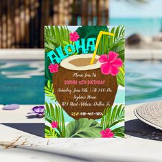 a birthday card with a drink and flowers on it next to a pool in the background