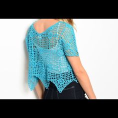 CUTE BLUE CROCHET TOP Love this cute blue short sleeve top for summer. Features a crochet design and scalloped hem.  Fabric Content: 55% COTTON 45% POLYESTER  Size measurements-- L: 18" B: 20" W: 20". This is a one size fits small to large Tops Blue Crochet Top, Blue Crochet, Crochet Design, Top For Summer, Scalloped Hem, Crochet Designs, Short Sleeve Top, Types Of Collars, Color Matching