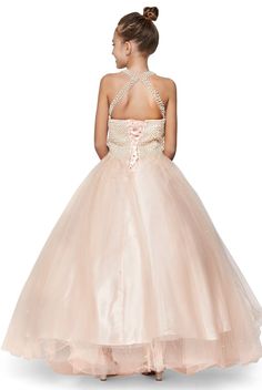 Your little girl will light up the room in this ball gown! Your precious girl will look lovely in this timeless pearl beaded tulle party dress. This halter floor length gown features a sheer neckline that is professionally crafted with a handmade pearl collar, the bodice is covered in pearl beads and is accented with beads, a modest open back with crisscross pearl beaded straps, the full length A-line tulle skirt is sprinkled with dainty pearl beads, and an adjustable lace-up corset back. Fabric Beaded Flower Girl Dress, First Communion Dress With Lace Bodice, Tulle, Tulle Party Dress, Long Halter Dress, Beaded Tulle, Pearl Dress, Floor Length Gown, Halter Formal Dress, Pearl Beads