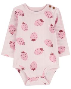 Crafted in super cozy 2x2 rib with a super sweet strawberry print, this bodysuit keeps her warm in long sleeves. Plus, with snaps at the bottom and buttons on the shoulder, this bodysuit is extra easy for on and off. Pink Baby Clothes, Carters Size Chart, Baby Wishlist, Strawberry Baby, Strawberry Print, Baby In Pumpkin, Carters Baby, One Piece Outfit, Girl Mom