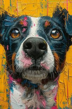 a painting of a dog with yellow eyes