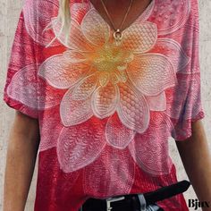 Bjux - Exquisite Floral Oil Painting Graphic Tee Shirt, Elegant V-Neck Short Sleeve Casual Everyday Tops, Womens Fashion Apparel Red Printed V-neck T-shirt, Pink Printed V-neck T-shirt, Shirt Elegant, Floral Oil Paintings, Floral Oil, Graphic Tee Shirt, Casual Everyday, Graphic Tee Shirts, Tee Shirt