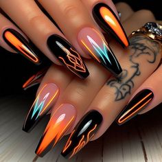 Badass Nails, Dragon Nails, Art Deco Nails, Acrylic Nails Coffin Short, Orange Nails, Elegant Nails