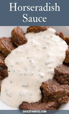 steak with ranch sauce in a white bowl on a blue tablecloth and text overlay that reads, how to make horseradish sauce