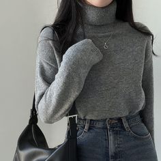 Dark Academia Turtle Neck Solid Color Sweater Basic Solid Color Winter Sweater, Basic Solid Sweater For Winter, Trendy Gray Everyday Sweater, Trendy Gray Sweater For Everyday, Basic Plain Winter Sweater, Basic Gray Everyday Sweater, Trendy Soft Knit Gray Sweater, Trendy Gray Soft Knit Sweater, Casual Gray Sweater