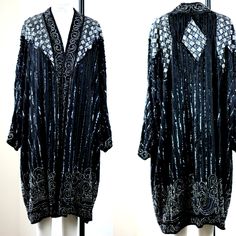 "Stunning Coat. Perfect for any Gatsby or Formal Event. The Sequins are amazing, the beads are spectacular, and the coat is fabulous!! This is all silk and all beautiful Excellent condition Measuring: 40\" length Width: 63\" 3/4 sleeves: 22\" Pet Free/smoke free Enjoy!" Elegant Beaded Festive Outerwear, Elegant Beaded Long Sleeve Outerwear, Elegant Long Sleeve Beaded Outerwear, Bohemian Evening Outerwear With Long Sleeves, Long Duster, Long Jacket, Sequin Beading, Sequin Top, Just Amazing