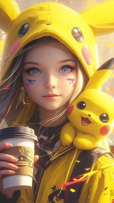 a girl in pokemon costume holding a coffee cup with pikachu painted on her face