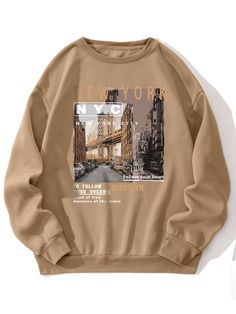 Khaki Casual Collar Long Sleeve Fabric Slogan Pullovers Embellished Slight Stretch  Men Clothing Printed Sweatshirts Mens, Cool Sweatshirts Men, Hoddies Outfits Men, Crew Neck Sweatshirt Men, Sweatshirt Outfit Men, Sweatshirts Men, Men Sweatshirts, Men Hoodies, Urban Aesthetic