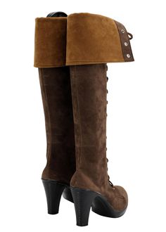 a pair of brown and black boots with laces on the heel, side view