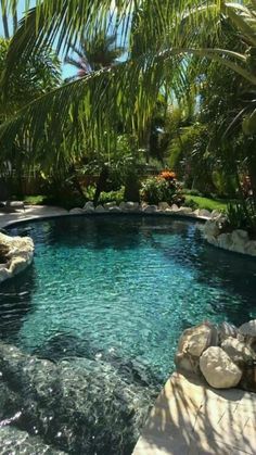 an outdoor swimming pool surrounded by palm trees and rocks, with a waterfall in the middle