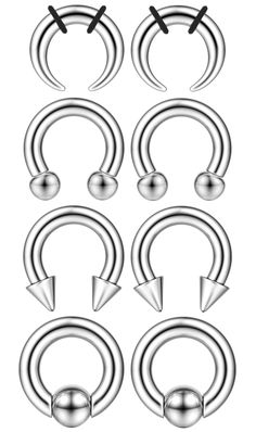 six different types of piercings on white background