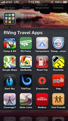 an iphone screen showing the travel app on it's home page, with icons displayed