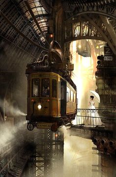 a train traveling through a train station next to a woman in a white dress and veil