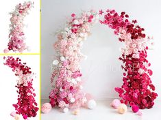 pink and white flowers are arranged in the shape of an arch