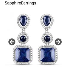 9.14 Ctw Sapphires Dangle. Trio Of Teardrop, Round To Large Square. Set In 925 Sterling Silver Silver Is Diamond Cut Around Stones For Extra Luxurious Sparkle Gems Look Darker In Low Light And Bright Sapphire In High Light. Absolutely Gorgeous. Formal Sapphire Dangle Diamond Earrings, Formal Blue Pear-shaped Diamond Earrings, Sapphire Diamond Drop Earrings For Formal Occasions, Formal Sapphire Dangle Earrings, Sapphire Gemstone Earrings For Formal Occasions, Formal Diamond Earrings With Gemstone Accents, Formal Teardrop Sapphire Earrings, Formal Sapphire Dangle Jewelry, Elegant Blue Pear-shaped Diamond Earrings