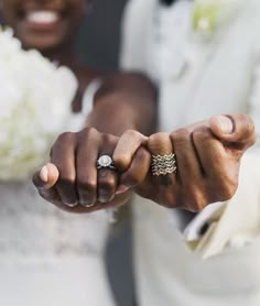 a bride and groom holding hands with rings on their fingers