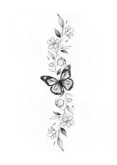 a black and white drawing of a butterfly with flowers on it's back side