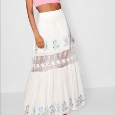 Brand New Never Worn (No Tags). Size 2 But Runs 4. Fitted Floral Embroidered Skirt For Vacation, Fitted Floral Embroidery Skirt For Vacation, Summer Long Skirt With Embroidered Hem, Embroidered Skirt For Summer Vacation, Summer Floral Embroidery Tiered Skirt, Summer Beach Skirt With Floral Embroidery, Vacation Cotton Skirt With Floral Embroidery, White Embroidered Maxi Skirt For Spring, Spring Bohemian Skirt With Embroidered Hem