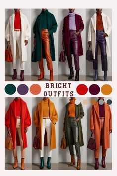 Color Theory For Clothing, Bright Boots Outfit, Adding Color To Your Wardrobe, Fall Color Palette Clothes Fashion, Burgundy Orange Outfit, Burnt Orange Color Palette Outfit, Bright Spring Fall Wardrobe, Autumn Colored Outfits, Color Academia Outfit