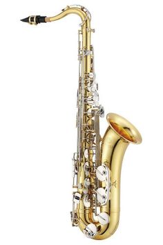 a gold saxophone is shown against a white background