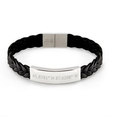 This mens bracelet has beautifully woven leather and a personalized stainless steel plate with a location etched in it. Bday Gifts For Him, Coordinates Jewelry, Coordinates Bracelet, Leather Engraving, Mens Braids, Anniversary Ideas, Monogram Jewelry, Braided Leather Bracelet, Id Bracelets