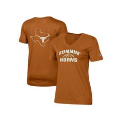 The Women's Champion Texas Orange Texas Longhorns Runnin' Horns V-Neck T-Shirt is the perfect way to show your unwavering support for the Texas Longhorns. Made from a comfortable cotton and polyester blend, this V-neck T-shirt features bold Texas Longhorns graphics that will make you stand out from the crowd. Whether you're cheering on the Longhorns at the stadium or just showing your team spirit around town, this T-shirt is a must-have for any true fan.The Women's Champion Texas Orange Texas Lo Orange Texas, Brown Tshirt, Texas Longhorns, You Rock, Stand Out From The Crowd, Team Spirit, Screen Print, Burnt Orange, V Neck T Shirt