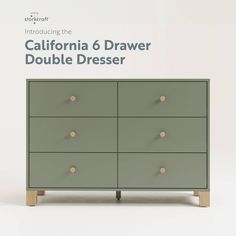 the california 6 drawer double dresser is shown in green and has four drawers on each side