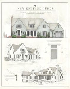 the new england tudor house plans are shown in two separate sections, and an image of the