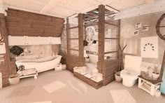 an artistic rendering of a bathroom in white and brown