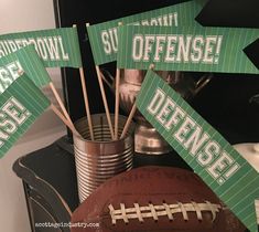 THESE FLAGS ARE THE  PERFECT ADDITION TO YOUR SUPERBOWL PARTY buffet table! (Offense and Defense Flags can be used all throughout football season!) Six paper flags on wooden dowels, 3 facing left, 3 facing right. Two each: Defense, Offense, and Superbowl Perfect for you to use to decorate your buffet table, party room, door wreath and more. Find coordinating printable and hard copy Superbowl items here:    https://www.etsy.com/shop/ACottageIndustry?ref=listing-shop-header-item-count&section_id=7660539 Find the entire set of ready made football paper items here:   https://etsy.me/3QC9WPi Not ready to order just yet? Save this to your Pinterest board! Football Concession Stand, Buffet Table Party, Football Munchies, Football Party Table, Football Dinner, Football Goal Posts, Homecoming Poster, Paper Football, Football Fundraiser