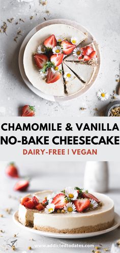 no bake cheesecake with strawberries and chamomile on the side