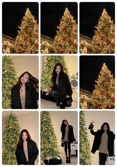 a woman standing in front of a christmas tree with her hand on her hip and other pictures of her