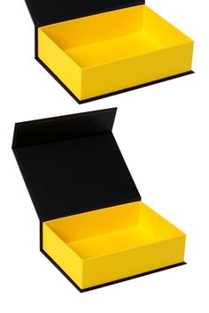 two yellow and black boxes sitting side by side on top of each other, one with the lid open