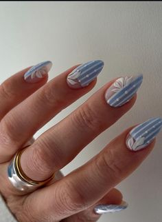 Powder Blue Nails Designs, White Nails For Summer, Thailand Nails, Powder Blue Nails, Vacation Nail Designs, Blue And White Nails, Beach Nail Designs, Beach Nail, Popular Nail Art