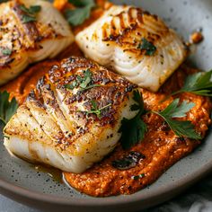 three pieces of fish on a plate with sauce and garnishes in it