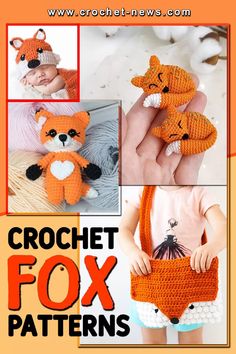 the crochet fox bag is shown with pictures of it