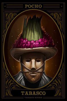 a man wearing a hat with flowers on it's head and the words pocho in