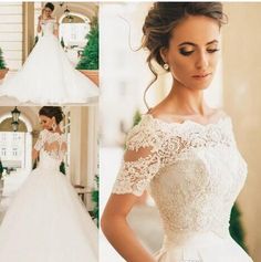 a woman in a white wedding dress with lace on the top and bottom, is posing for