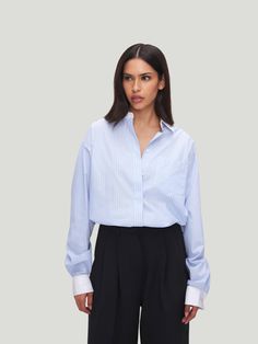 GOOD AMERICAN Poplin Striped Shirt - A/W'23 Casual Indian Fashion, Blue Striped Shirt, Cropped Long Sleeve, Cropped Shirt, Vibrant Blue, Good American, Crop Shirt, Favorite Jeans, Striped Shirt