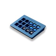 a white and blue calculator sitting on top of a table