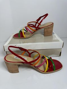 Strappy multi colour Patent 3" High Heel Ladies Shoes Calico Vintage  Size 10M Open Toe  Sandals Wedge Heel Made in Brazil Nicole Clean inside and very little wear to the sole.  please examine photos as they are part of the description. Rainbow Open Toe Platform Heels, Rainbow Heels With Round Toe For Summer, Multicolor Leather Wedge Sandals For Summer, Multicolor Platform Heels With Round Toe, Multicolor Open Heel Summer Heels, Multicolor Sandals With Ankle And Heel Straps, Multicolor Platform Heels With Ankle Strap, Multicolor High Heels With Stacked Heel, Spring Rainbow Open Toe Heels