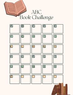 the abc book challenge with books stacked on top of each other and an open book